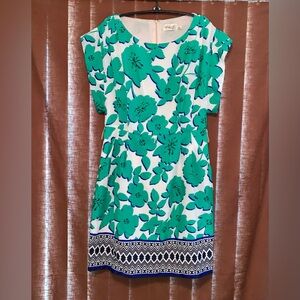 Vibrant White Dress with Bright Green Abstract Flowers & Geometric Pattern Hem 8
